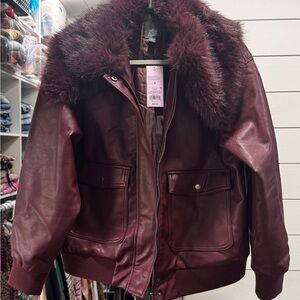 Wild Fable Burgundy Leather Jacket with Faux Fur Collar